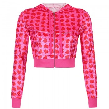 Velvet Heart Print Cropped Top Bomber Jacket Women Autumn Cute Pink Long Sleeve Coats Zipper 